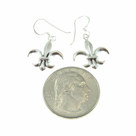 Solid 925 Sterling Silver Fleur-De-Lis Drop Dangle Hook Earrings - French Symbol - Picture 5 of 9